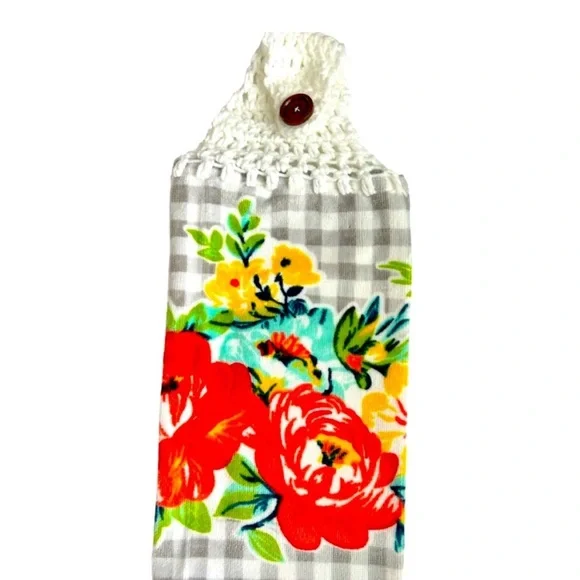 Hand Crafted Floral Red Hanging Kitchen Hand Towel Crochet Top - Picture 3 of 7